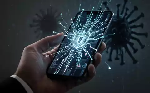 Nahaufnahme einer Hand, die ein Smartphone hält, dessen Bildschirm abstrakte, leuchtende Linien zeigt, die Datenströme und Sicherheitsprotokolle darstellen. Ein schattenhafter, digitaler Virus schwebt subtil im Hintergrund. - Foto: über boerse-global.de