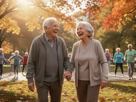 Älteres Paar lachend und Händchen haltend beim Spaziergang in einem Park, symbolisiert soziale Bindungen und Aktivität im Alter. - Foto: über boerse-global.de