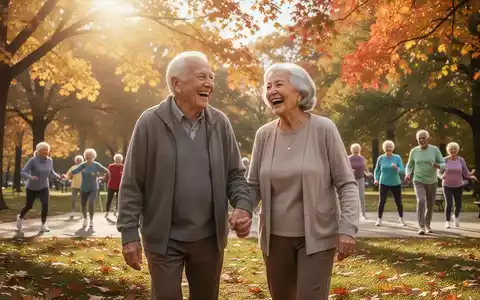 Älteres Paar lachend und Händchen haltend beim Spaziergang in einem Park, symbolisiert soziale Bindungen und Aktivität im Alter. - Foto: über boerse-global.de