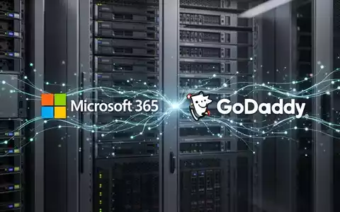 Digitale Darstellung von Microsoft 365- und GoDaddy-Logos, verbunden durch Datenströme über einem Serverrack. - Foto: über boerse-global.de