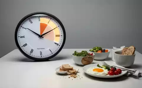 Eine stilisierte Uhr mit hervorgehobenem Fastenfenster neben einem gesunden Frühstück auf einem hellen Tisch. - Foto: über boerse-global.de