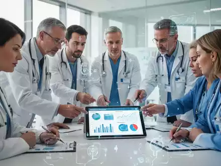 Eine Gruppe von Gesundheitsmanagern, die in einem modernen Büro zusammenarbeiten und digitale Daten analysieren. - Foto: über boerse-global.de
