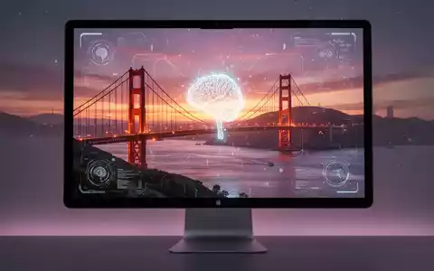 Moderner Apple Mac-Bildschirm mit futuristischem 'Golden Gate Sunset'-Hintergrund, subtilen KI-Schnittstellenelementen und leuchtendem KI-Gehirn-Symbol. - Foto: über boerse-global.de