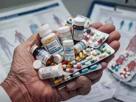 Eine Nahaufnahme der Hand einer älteren Person, die verschiedene Pillenflaschen und Blisterpackungen hält, mit unscharfem medizinischem Hintergrund. - Foto: über boerse-global.de