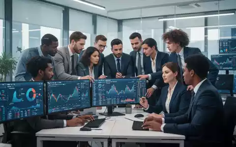 Eine Gruppe von Finanzexperten arbeitet in einem modernen Büro zusammen, Bildschirme zeigen Finanzdaten. Thema: Fachkräftemangel und Technologie. - Foto: über boerse-global.de