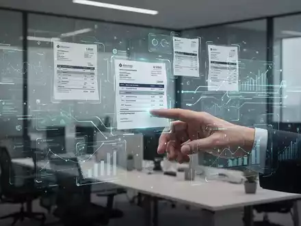 Eine Hand tippt auf einem holografischen Bildschirm, der digitale Rechnungen und Datenströme in einem modernen Büroumfeld anzeigt. - Foto: über boerse-global.de
