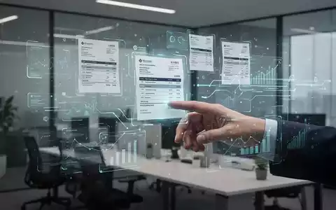 Eine Hand tippt auf einem holografischen Bildschirm, der digitale Rechnungen und Datenströme in einem modernen Büroumfeld anzeigt. - Foto: über boerse-global.de