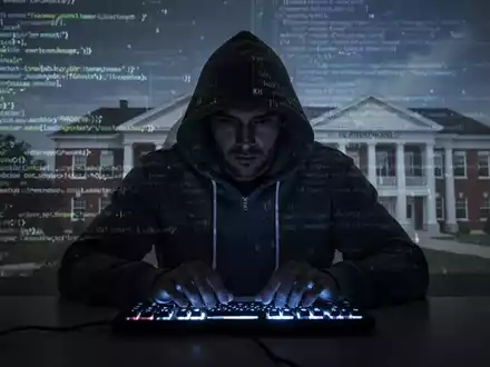 Verschwommene Gestalt in Kapuzenjacke an Tastatur, mit digitalem Code und Schul-Silhouetten im Hintergrund, symbolisiert Cyber-Bedrohungen. - Foto: über boerse-global.de