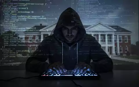 Verschwommene Gestalt in Kapuzenjacke an Tastatur, mit digitalem Code und Schul-Silhouetten im Hintergrund, symbolisiert Cyber-Bedrohungen. - Foto: über boerse-global.de