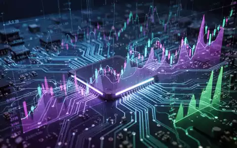 Stilisierte Leiterplatte mit leuchtenden Datenströmen und überlagerten Finanzgrafiken, die KI-Technologie und Finanzanalyse symbolisieren. - Foto: über boerse-global.de
