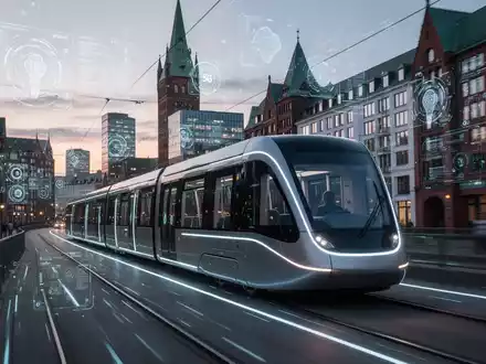 Schlankes, modernes Nahverkehrsfahrzeug in futuristischer Stadtlandschaft mit digitalen Overlays. - Foto: über boerse-global.de