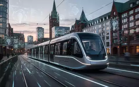 Schlankes, modernes Nahverkehrsfahrzeug in futuristischer Stadtlandschaft mit digitalen Overlays. - Foto: über boerse-global.de