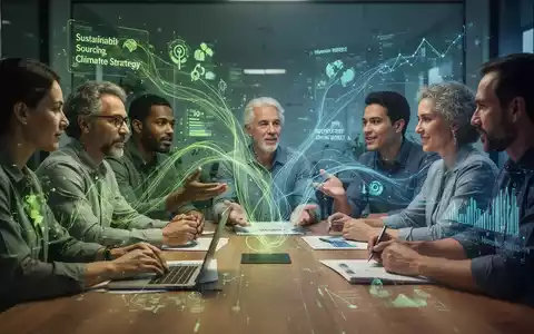 Eine Gruppe von Fachleuten diskutiert an einem Tisch, umgeben von abstrakten digitalen Darstellungen einer Lieferkette und Nachhaltigkeitsdaten. - Foto: über boerse-global.de