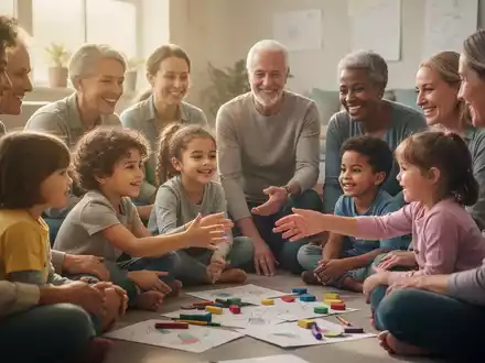 Eine Gruppe von Kindern und Erwachsenen nimmt an einer unterstützenden Interaktion teil, die Resilienz und mentale Gesundheit fördert. - Foto: über boerse-global.de