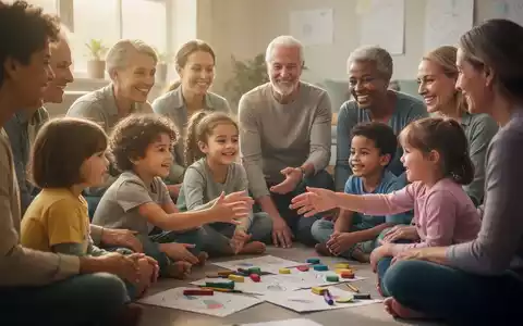Eine Gruppe von Kindern und Erwachsenen nimmt an einer unterstützenden Interaktion teil, die Resilienz und mentale Gesundheit fördert. - Foto: über boerse-global.de