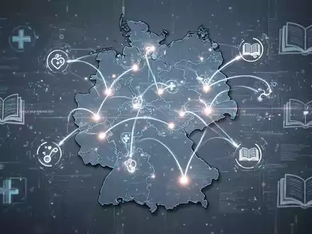 Eine stilisierte Karte Deutschlands mit leuchtenden Linien und medizinischen Symbolen, die digitale Lernplattformen und regionale Prüfungen darstellen. - Foto: über boerse-global.de