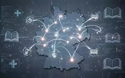 Eine stilisierte Karte Deutschlands mit leuchtenden Linien und medizinischen Symbolen, die digitale Lernplattformen und regionale Prüfungen darstellen. - Foto: über boerse-global.de