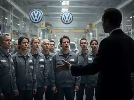 Arbeiter hören einem Redner in einer modernen Volkswagen-Fabrikhalle zu, die Gesichter spiegeln Besorgnis und Entschlossenheit wider. - Foto: über boerse-global.de