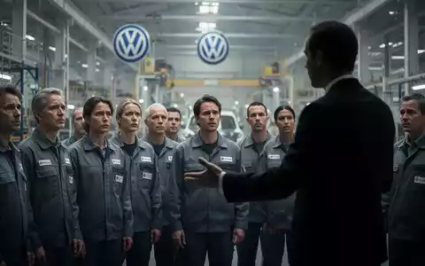 Arbeiter hören einem Redner in einer modernen Volkswagen-Fabrikhalle zu, die Gesichter spiegeln Besorgnis und Entschlossenheit wider. - Foto: über boerse-global.de