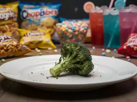 Ein leerer Teller mit einem welken Brokkolistück, im unscharfen Hintergrund ungesunde Snacks und zuckerhaltige Getränke. - Foto: über boerse-global.de