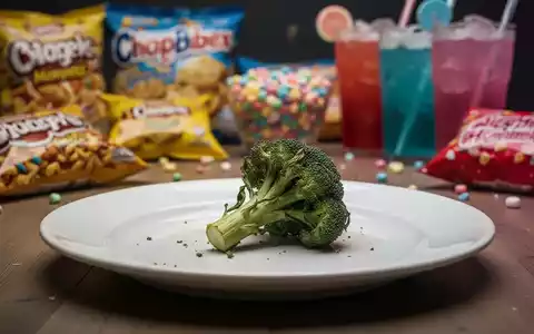 Ein leerer Teller mit einem welken Brokkolistück, im unscharfen Hintergrund ungesunde Snacks und zuckerhaltige Getränke. - Foto: über boerse-global.de