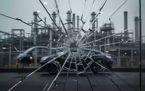Nahaufnahme einer zerbrochenen Glasscheibe, die Misstrauen symbolisiert, mit der verschwommenen Silhouette eines Autowerks im Hintergrund. - Foto: über boerse-global.de