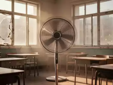Ein moderner elektrischer Ventilator steht in einem leeren, heißen Klassenzimmer, Sonnenlicht fällt durch große Fenster. - Foto: über boerse-global.de