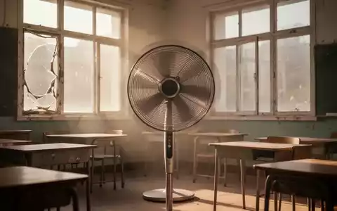 Ein moderner elektrischer Ventilator steht in einem leeren, heißen Klassenzimmer, Sonnenlicht fällt durch große Fenster. - Foto: über boerse-global.de