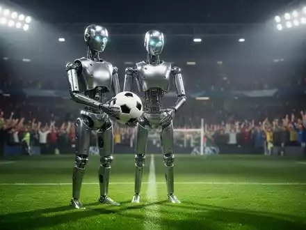 Ein humanoider Roboter auf einem Fußballfeld hält einen Ball, im Hintergrund verschwommene Stadionkulisse. - Foto: über boerse-global.de