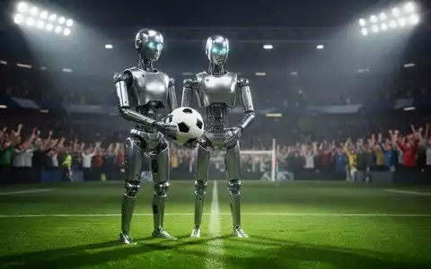 Ein humanoider Roboter auf einem Fußballfeld hält einen Ball, im Hintergrund verschwommene Stadionkulisse. - Foto: über boerse-global.de