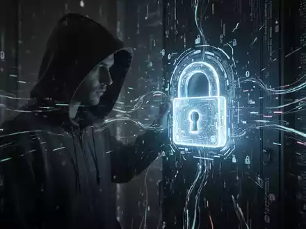 Dunkle Gestalt in Kapuzenpulli betrachtet leuchtendes Hologramm-Schloss, umgeben von digitalen Datenströmen, die Datenmissbrauch symbolisieren. - Foto: über boerse-global.de