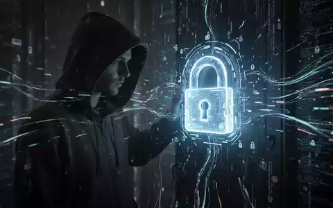 Dunkle Gestalt in Kapuzenpulli betrachtet leuchtendes Hologramm-Schloss, umgeben von digitalen Datenströmen, die Datenmissbrauch symbolisieren. - Foto: über boerse-global.de