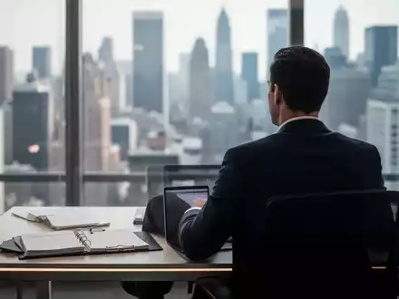 Eine Person sitzt an einem aufgeräumten Schreibtisch in einem modernen Büro und blickt auf eine verschwommene Stadtlandschaft. - Foto: über boerse-global.de