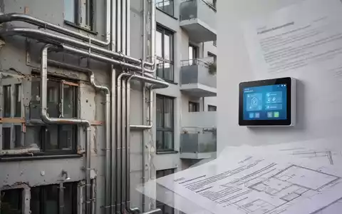 Ein modernes WohngebĂ€ude mit sichtbaren Heizungsrohren und einer digitalen BenutzeroberflĂ€che, die Renovierung und politische Ănderungen symbolisiert. - Foto: ĂŒber boerse-global.de