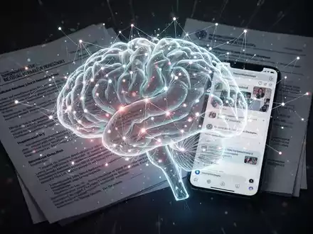 Ein stilisiertes, leuchtendes digitales Gehirnnetzwerk überlagert mit regulatorischen Dokumenten und einem Smartphone-Bildschirm mit einer endlosen Scroll-Oberfläche. - Foto: über boerse-global.de