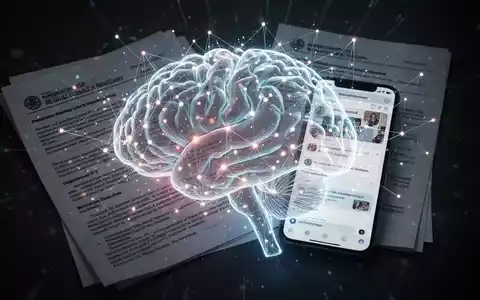Ein stilisiertes, leuchtendes digitales Gehirnnetzwerk überlagert mit regulatorischen Dokumenten und einem Smartphone-Bildschirm mit einer endlosen Scroll-Oberfläche. - Foto: über boerse-global.de