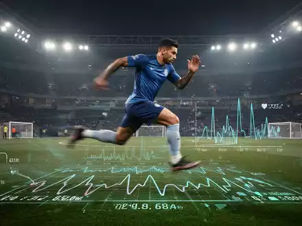 Ein professioneller Fußballspieler sprintet auf einem Trainingsplatz, mit subtilen Datenvisualisierungen von Leistungsmetriken. - Foto: über boerse-global.de