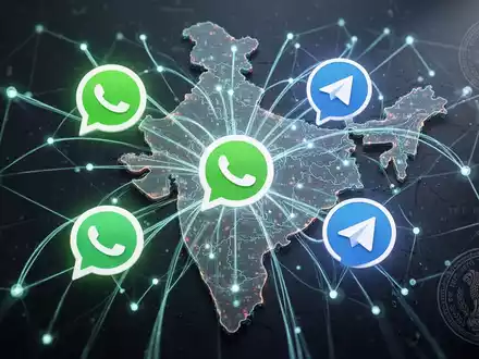 Digitale Illustration mit Messaging-App-Icons (WhatsApp, Telegram, Signal) auf einer Indienkarte, die neue Vorschriften darstellt. - Foto: über boerse-global.de