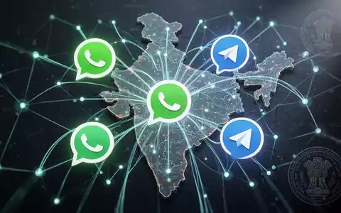 Digitale Illustration mit Messaging-App-Icons (WhatsApp, Telegram, Signal) auf einer Indienkarte, die neue Vorschriften darstellt. - Foto: über boerse-global.de