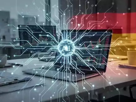 Eine stilisierte, leuchtende neuronale Netzwerkschaltung über einem modernen Schreibtisch mit Laptop, der Finanzdaten anzeigt. - Foto: über boerse-global.de