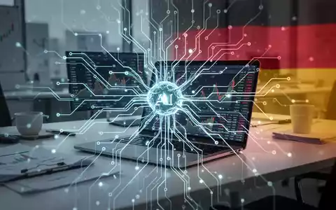 Eine stilisierte, leuchtende neuronale Netzwerkschaltung über einem modernen Schreibtisch mit Laptop, der Finanzdaten anzeigt. - Foto: über boerse-global.de