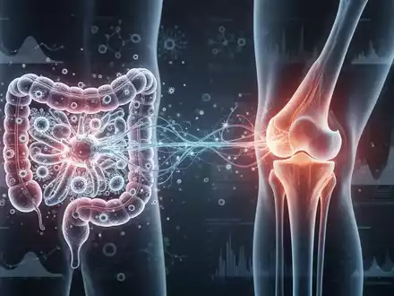 Eine stilisierte, leuchtende neuronale Verbindung zwischen einem menschlichen Darmmikrobiom und einem Kniegelenk. - Foto: über boerse-global.de