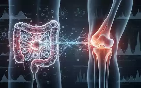 Eine stilisierte, leuchtende neuronale Verbindung zwischen einem menschlichen Darmmikrobiom und einem Kniegelenk. - Foto: über boerse-global.de
