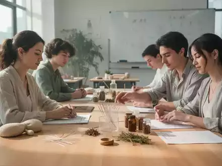 Studenten lernen in einem modernen Klassenzimmer Naturheilkunde, mit Fokus auf Traditionelle Chinesische Medizin und praktischen Übungen. - Foto: über boerse-global.de