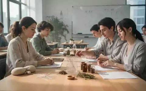 Studenten lernen in einem modernen Klassenzimmer Naturheilkunde, mit Fokus auf Traditionelle Chinesische Medizin und praktischen Übungen. - Foto: über boerse-global.de