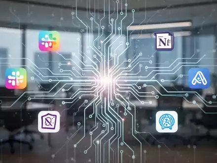 Leuchtendes, vernetztes Netzwerk digitaler Icons für KI und Produktivitätstools wie Notion und OpenAI vor unscharfem Büro. - Foto: über boerse-global.de
