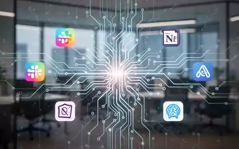 Leuchtendes, vernetztes Netzwerk digitaler Icons für KI und Produktivitätstools wie Notion und OpenAI vor unscharfem Büro. - Foto: über boerse-global.de