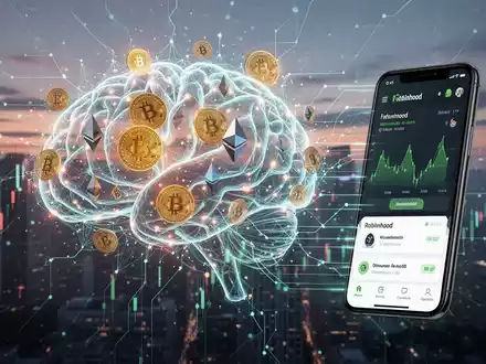 Leuchtendes neuronales Netz-Gehirn mit Krypto-Symbolen, verbunden mit einem Smartphone, das die Robinhood-App zeigt, vor futuristischer Skyline. - Foto: über boerse-global.de