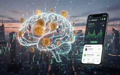 Leuchtendes neuronales Netz-Gehirn mit Krypto-Symbolen, verbunden mit einem Smartphone, das die Robinhood-App zeigt, vor futuristischer Skyline. - Foto: über boerse-global.de
