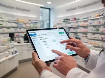 Nahaufnahme einer digitalen Tablet-Oberfläche mit E-Rezept in einer modernen deutschen Apotheke, die digitale Gesundheitsversorgung zeigt. - Foto: über boerse-global.de